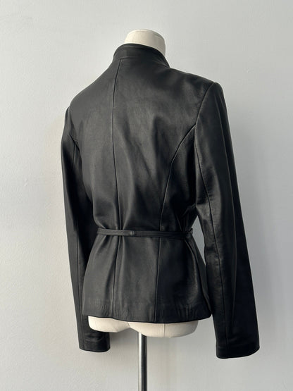 Vintage 1990s asymmetric belted leather jacket, small size, featuring classic black leather and stylish design details.