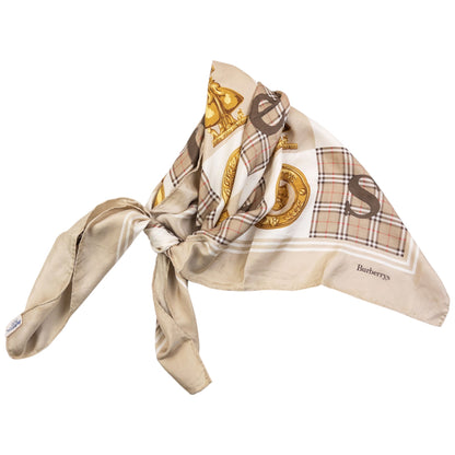 Vintage 90s Burberry Nova Check Gold Logo Print Silk Scarf | O/S, Beige