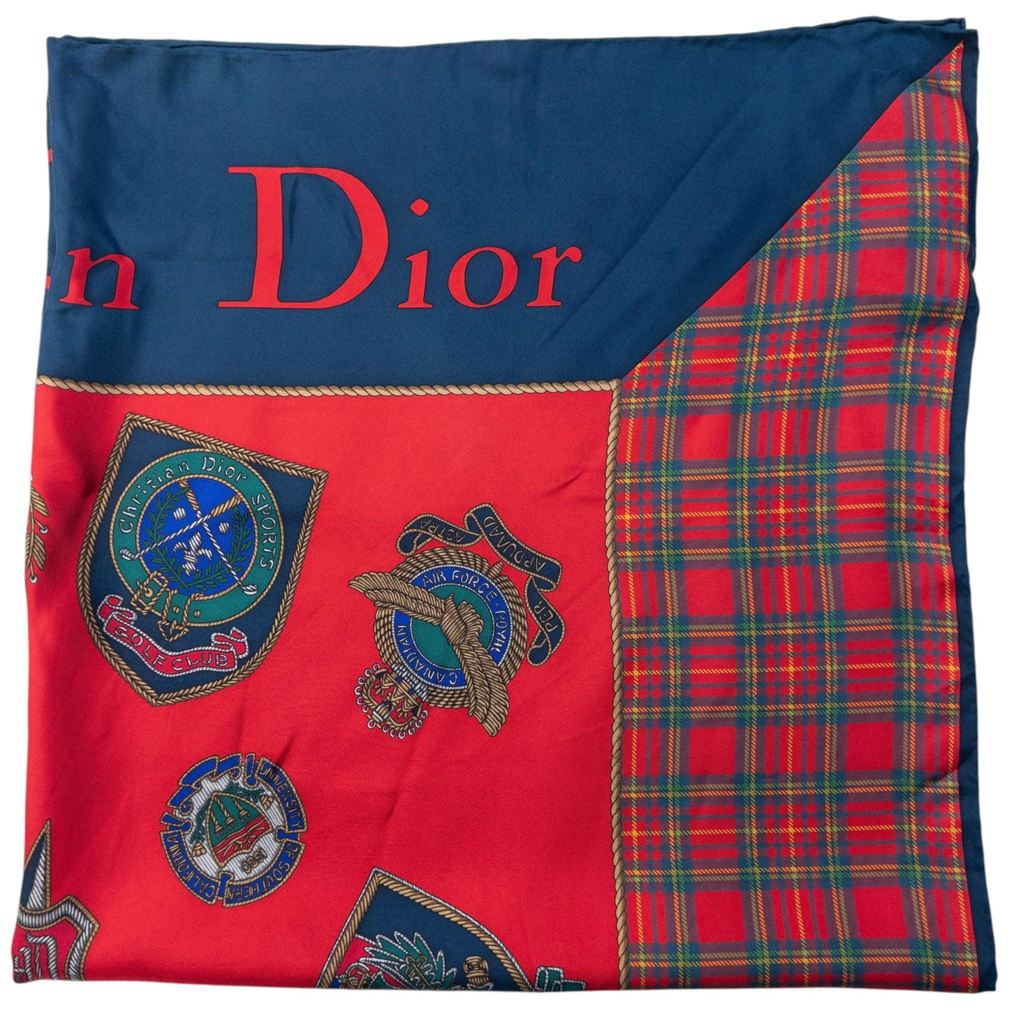 Vintage 90s Dior Tartan Badge Print Silk Scarf | O/S, Red