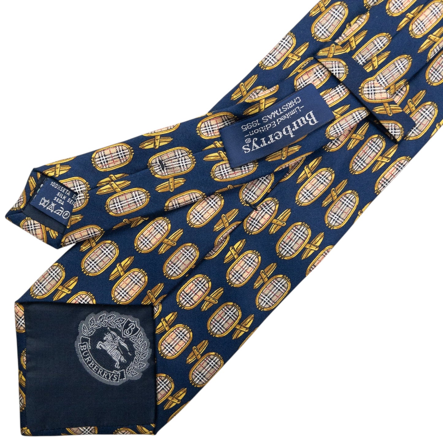 Vintage 80s Burberry Nova Check Cuff Link Print Silk Tie | O/S, Navy