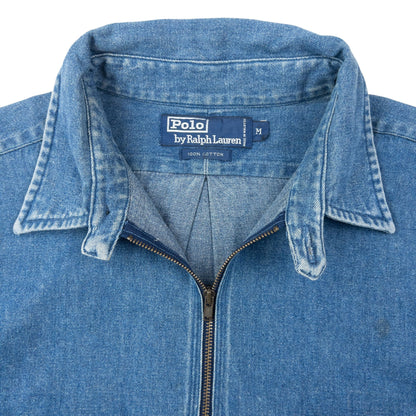 Vintage 90s Polo Ralph Lauren Checkered Sleeve Q Zip Denim Shirt Size XL | XL, Blue