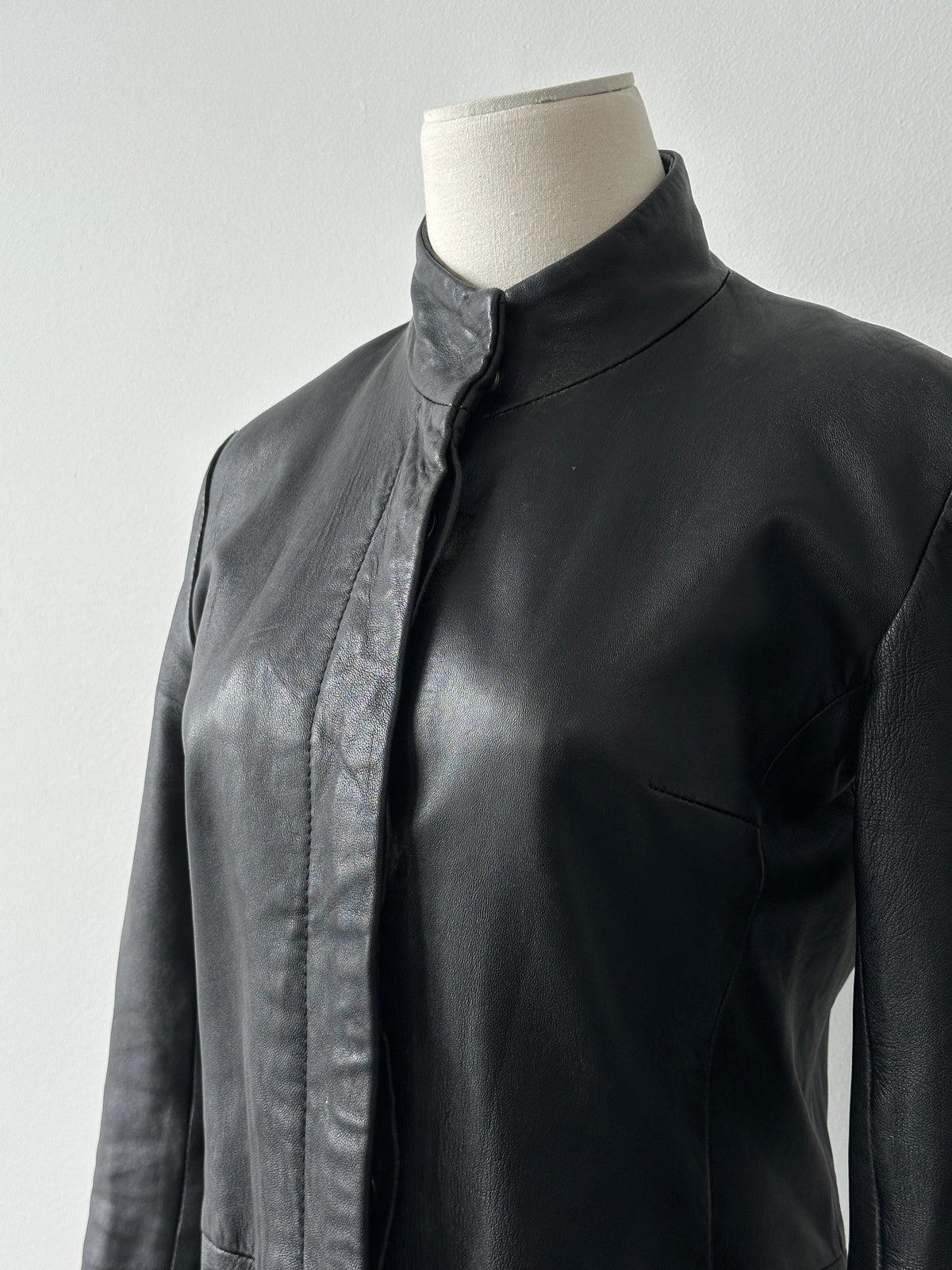Vintage 1990s High Neck Concealed Placket Leather Trench Coat - XS-S
