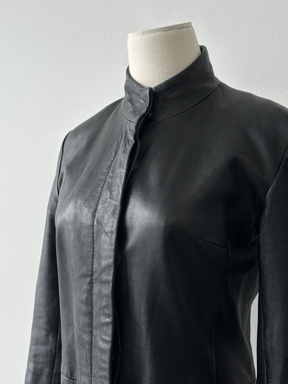 Vintage 1990s High Neck Concealed Placket Leather Trench Coat - XS-S