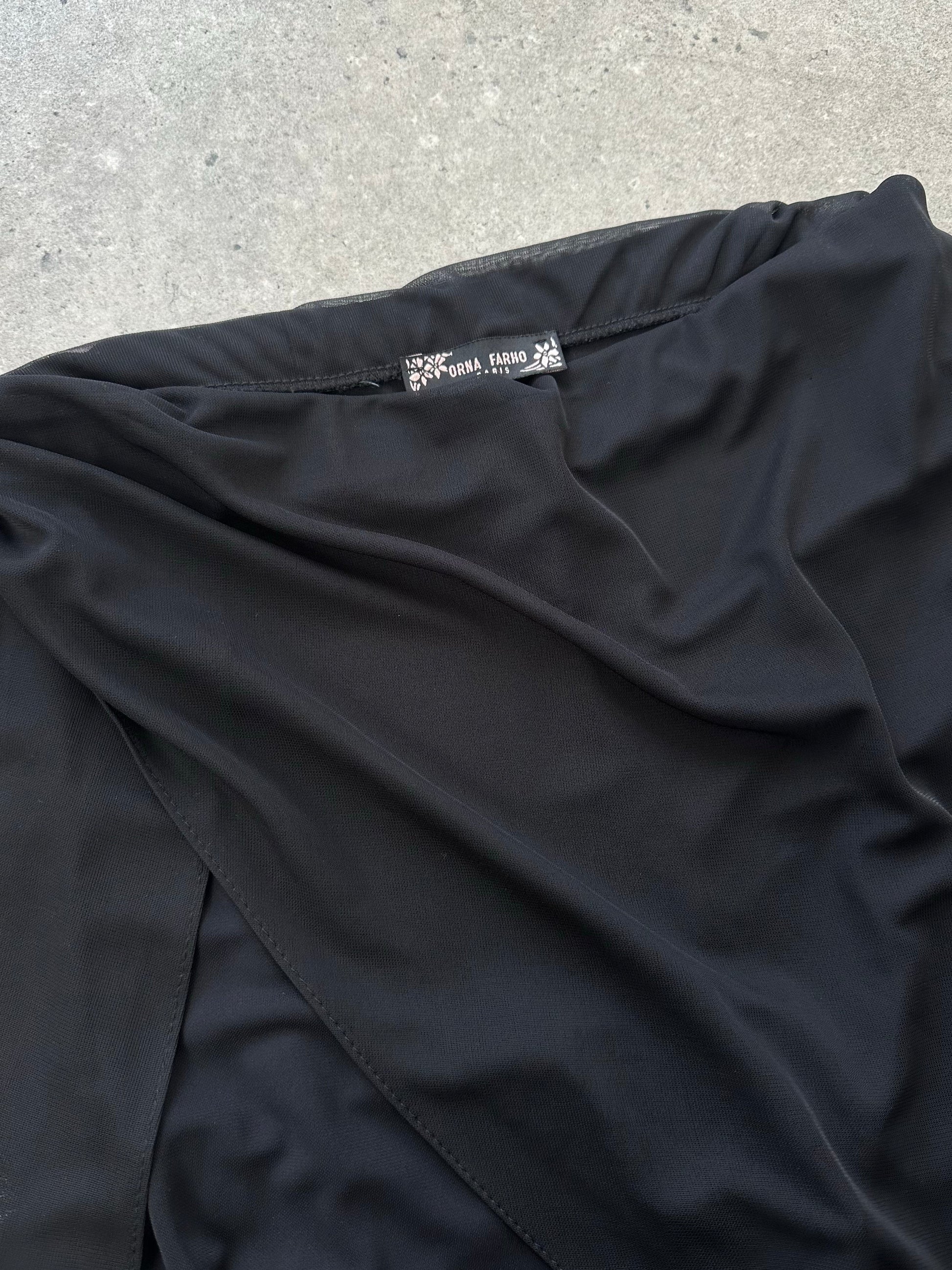 Vintage French 1990s sheer overlay wide-leg trousers in W28, featuring flowy fabric and high-waisted design.