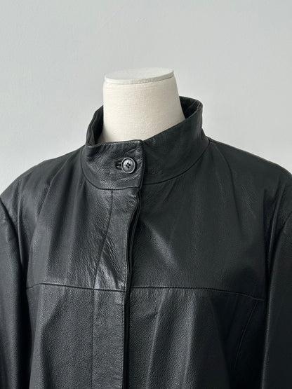 Vintage 1990s Collarless Leather Trench Coat - L/XL