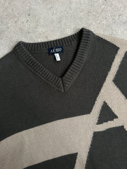 Armani Jeans 1990s Wool Logo V Neck Jumper - S