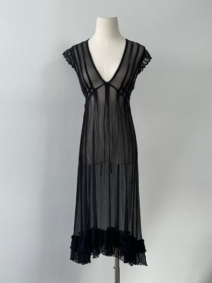 Vintage 2000s Sheer Crinkle Ruffle Midi Dress - M