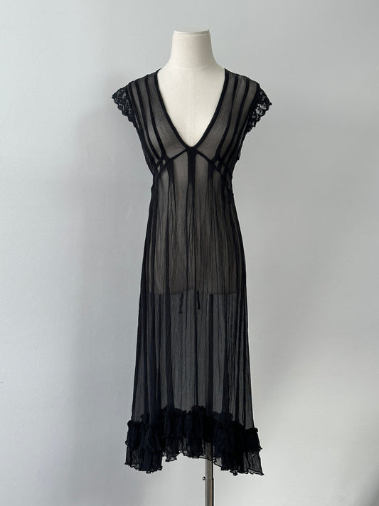 Vintage 2000s Sheer Crinkle Ruffle Midi Dress - M