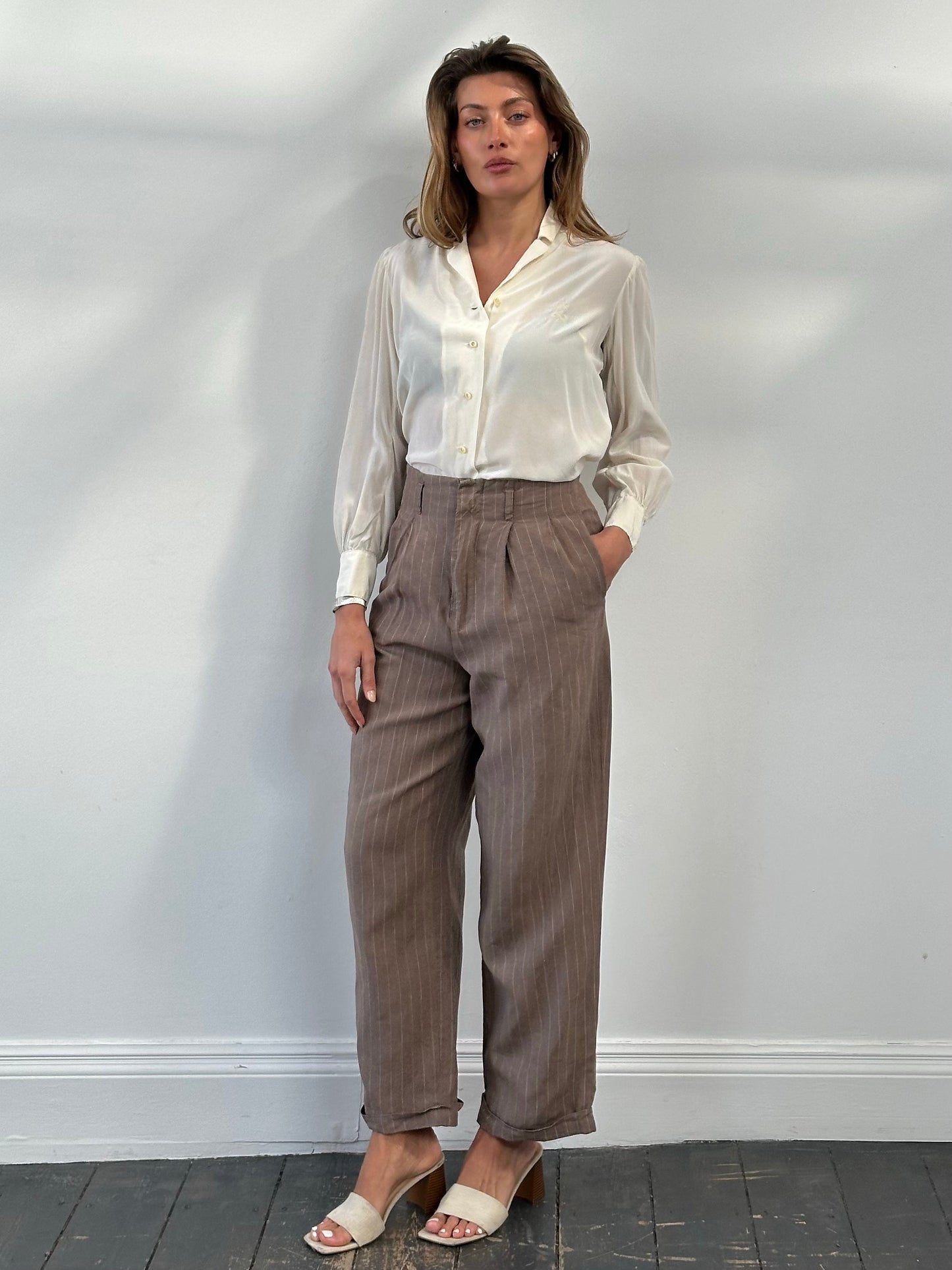 Jigsaw 1990s Pure Linen Striped Wide Leg Trousers - W27