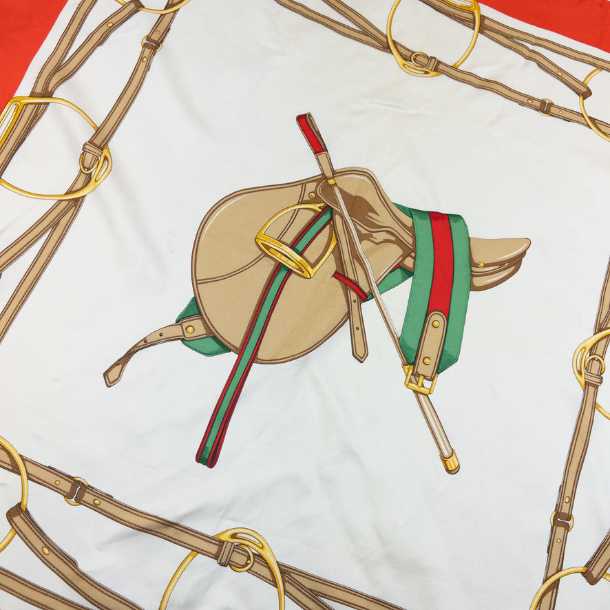 Vintage 80s Gucci Equestrian Horse Harness Print Silk Scarf | O/S, Orange and White