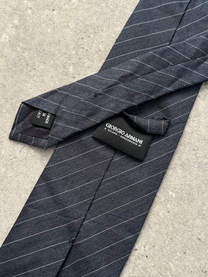 Giorgio Armani 1990s pure silk striped tie, elegant men's accessory with classic blue and white stripes, detailed fabric texture visible