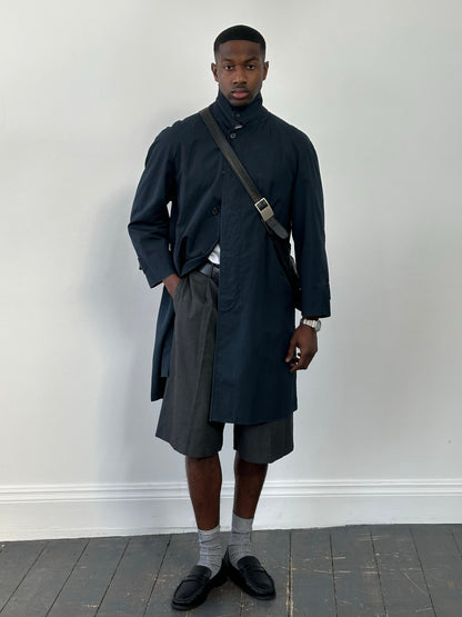 Burberry 1990s high neck trench coat with concealed placket, beige color, classic design, and tailored fit.