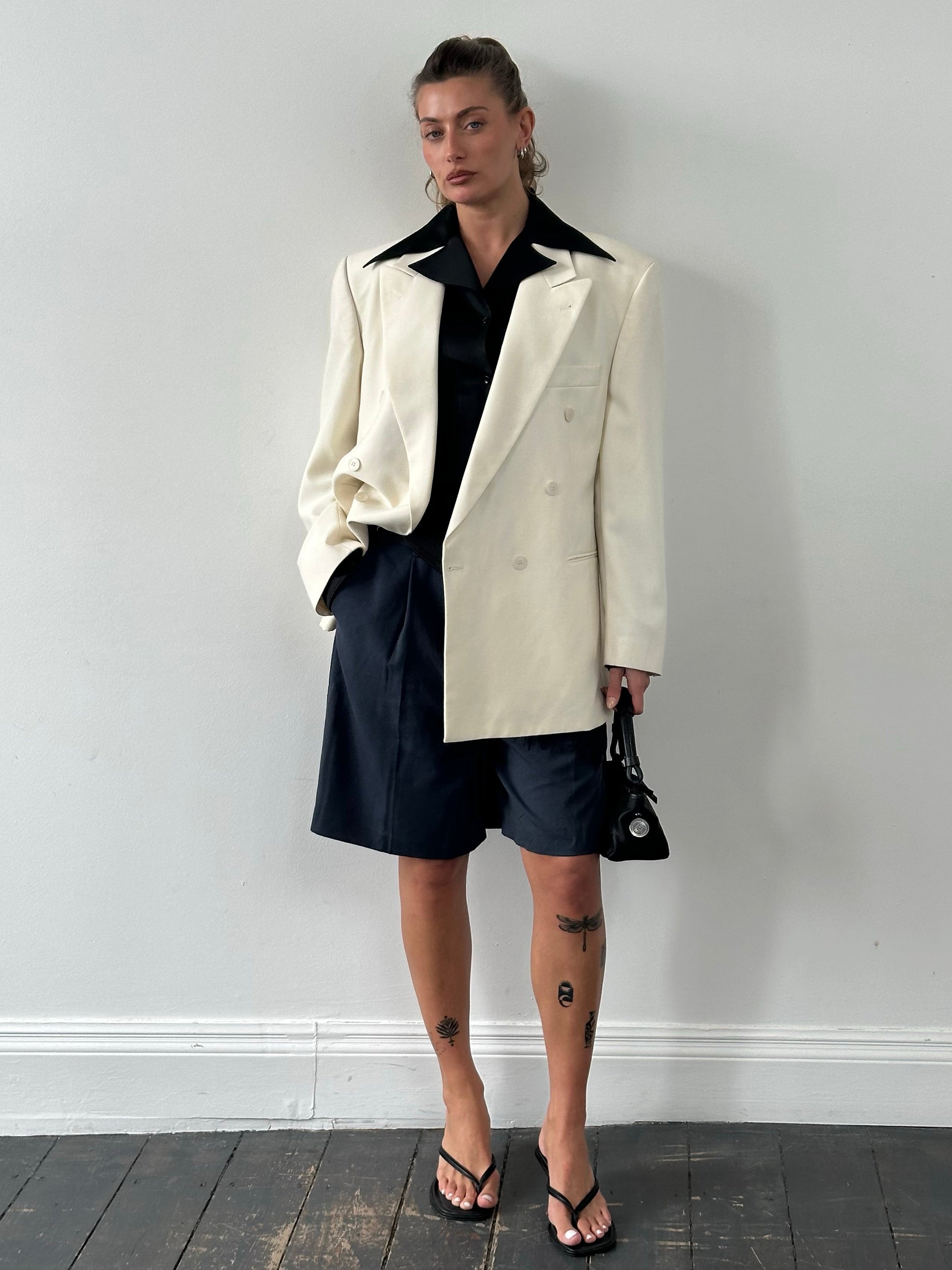 Vintage1990s Pure Wool Double Breasted Tuxedo Blazer - 46R