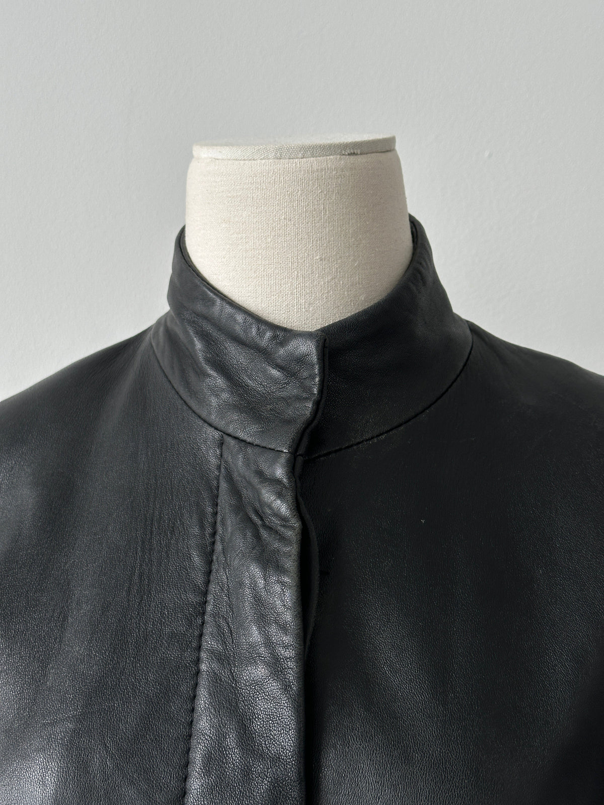 Vintage 1990s High Neck Concealed Placket Leather Trench Coat - XS-S