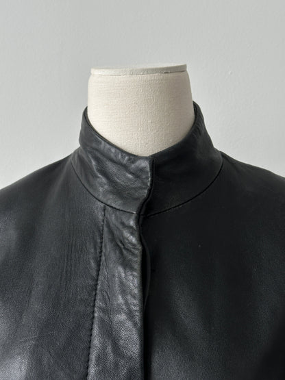 Vintage 1990s High Neck Concealed Placket Leather Trench Coat - XS-S