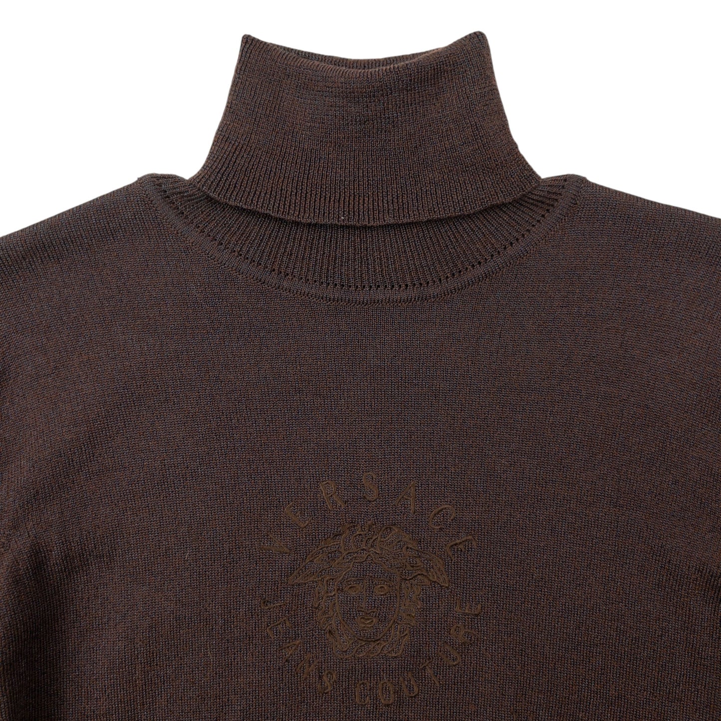 Vintage 90s Versace Jeans Couture Embroidered Knitted Turtleneck Jumper Womens Size S | Small, Brown