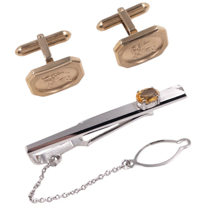 Vintage 90s Burberry Embossed Cufflinks & Gem Tie Clip Set | O/S, Gold