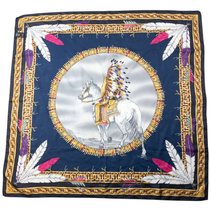 Versace Native American Print Silk Scarf | O/S, Navy Blue, Gold, Red, White, Yellow