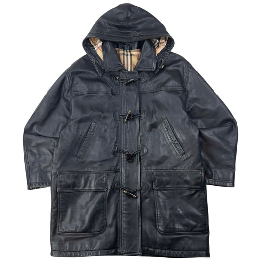 Vintage 2000s Burberry Nova Check Lined Leather Duffle Jacket Size XL | O/S, Black