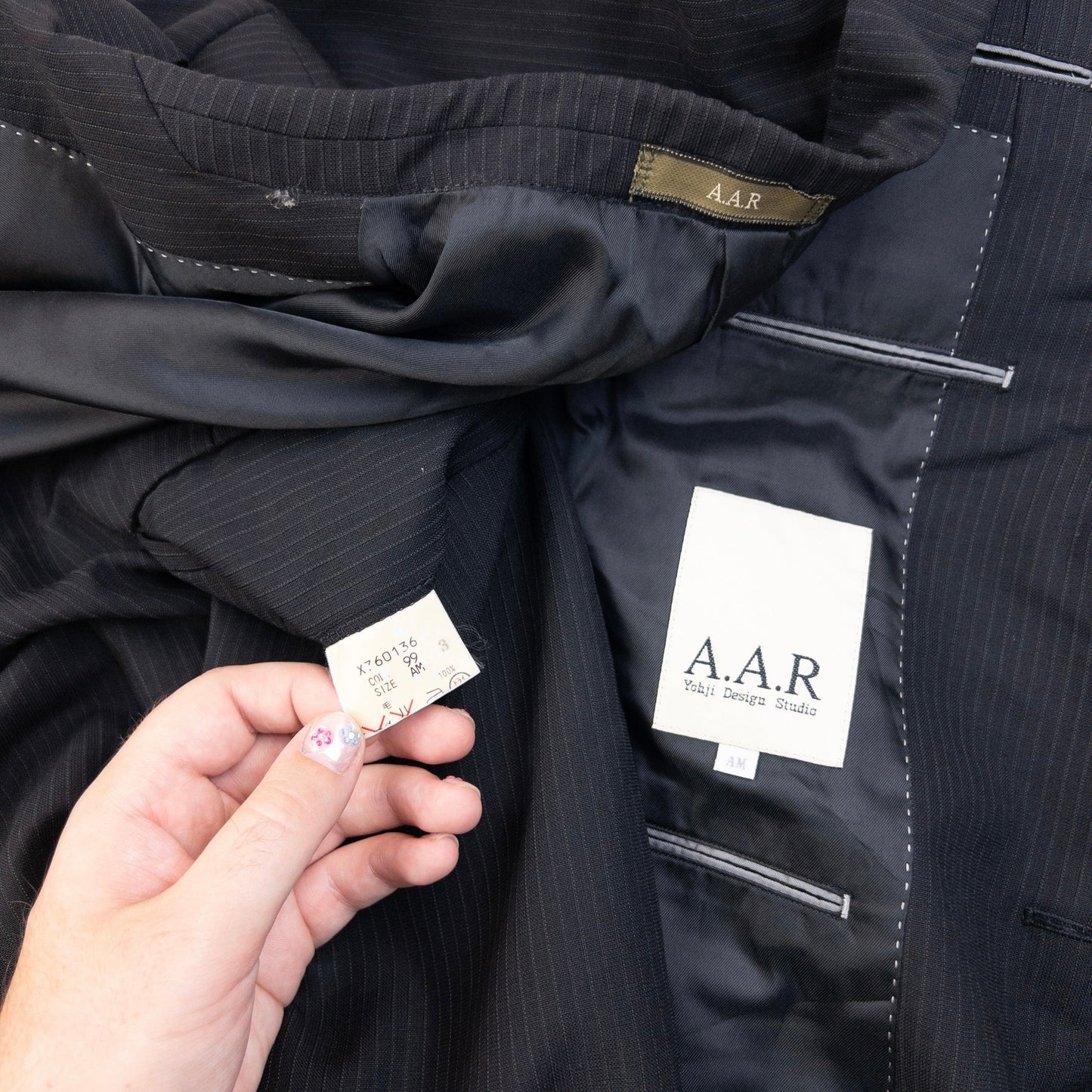 Vintage 90s Yohji Yamamoto A.A.R Pinstripe Jacket & Trousers Suit Set Size S | Small, Black
