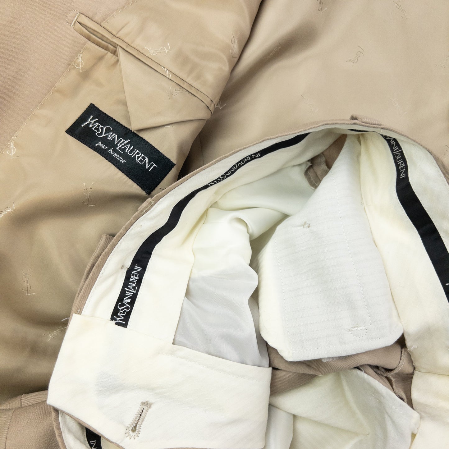 Vintage 90s YSL Yves Saint Laurent Jacket & Trousers Suit Set Size M | Medium, Beige