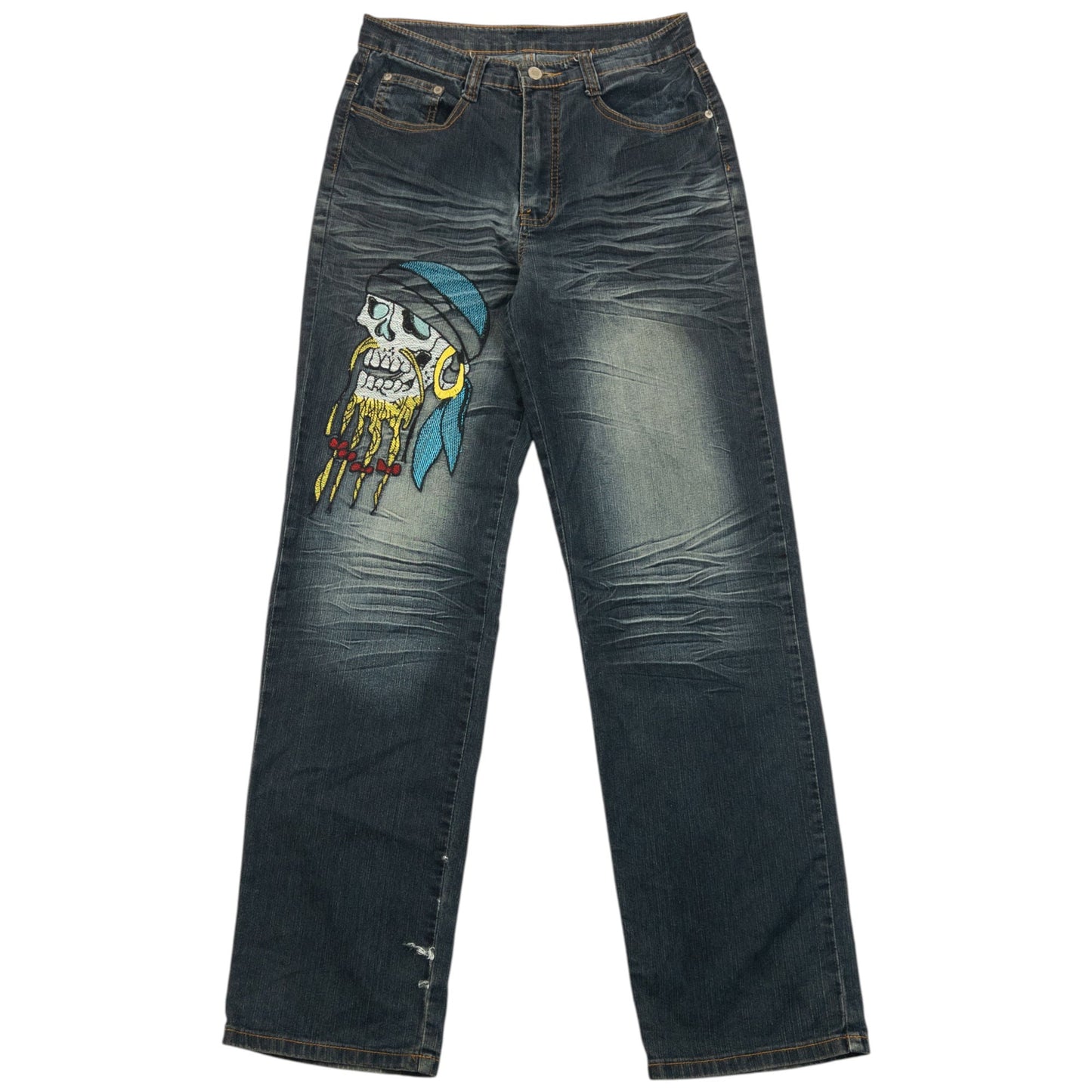 Vintage 2000s Embroidered Skull Pirate Japanese Denim Jeans Size W30 | W30, Multicoloured