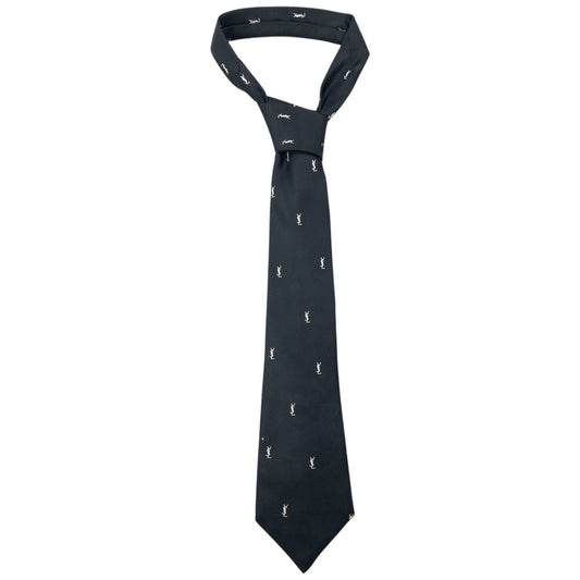 Vintage 80s YSL Yves Saint Laurent Monogram Silk Tie | O/S, Black