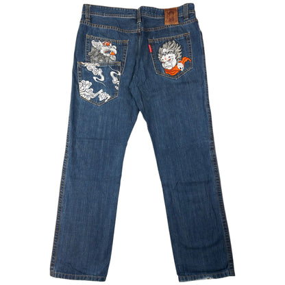 Vintage Jizo Bosatsu Embroidered Troll Japanese Denim Jeans Size W35