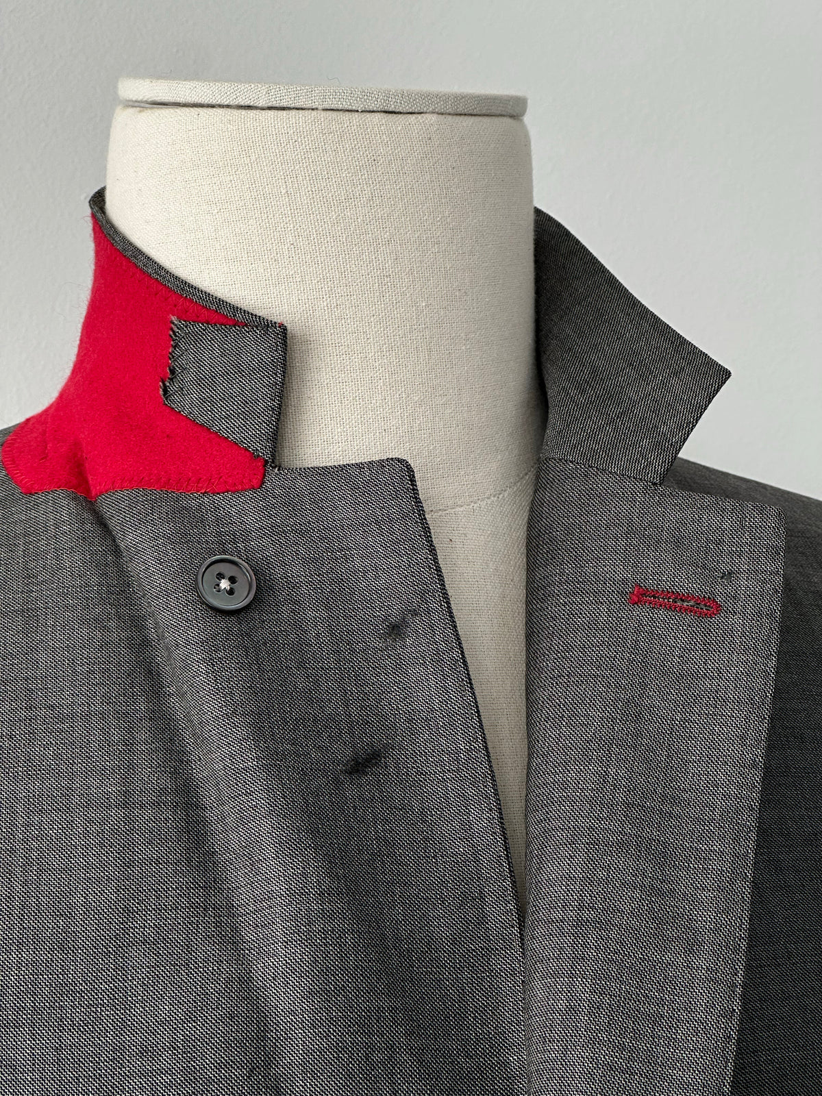 Loro Piana 1990s pure wool blazer with high neck and contrasting collar, tailored fit, in classic neutral tones.