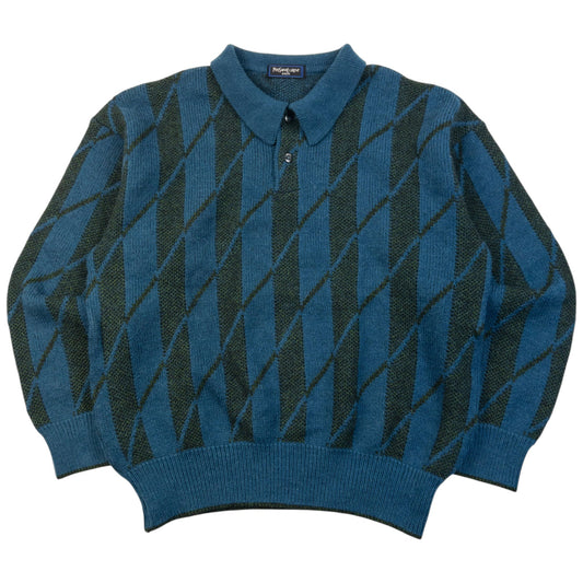 Vintage 80s YSL Yves Saint Laurent Knit Pattern Polo Jumper Size S | Small, Blue