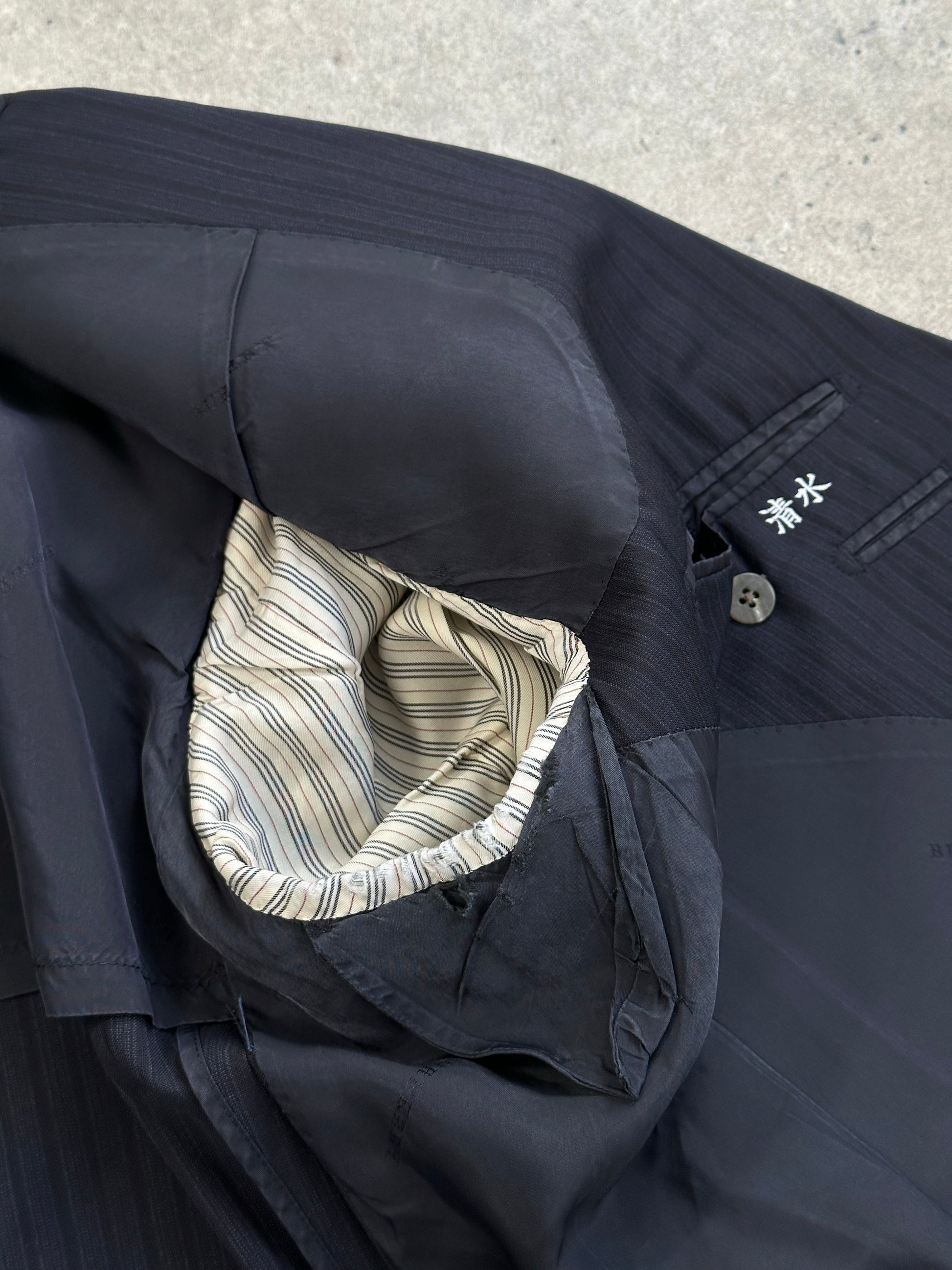 Burberry London 1990s pure wool striped suit in size 42S/W34, featuring a tailored blazer and matching trousers.