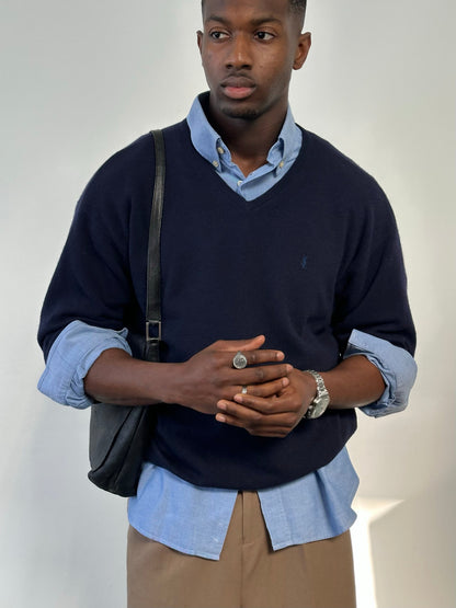Yves Saint Laurent Pour Homme 1990s wool V-neck jumper, men's sweater in size L, navy blue with ribbed collar and cuffs.