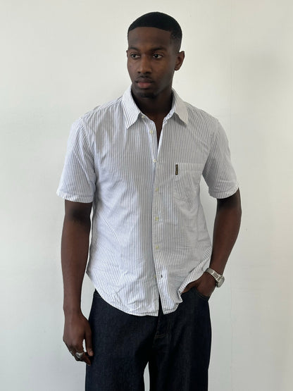 Armani Jeans men's short sleeve striped shirt in pure cotton, featuring blue and white horizontal stripes, size M.