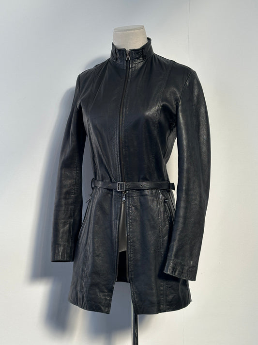 Italian vintage 1990s double zip belted leather jacket in XS, featuring classic leather texture and retro design.