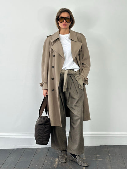London Fog 1980s Wool Double Breasted Belted Trench Coat - L