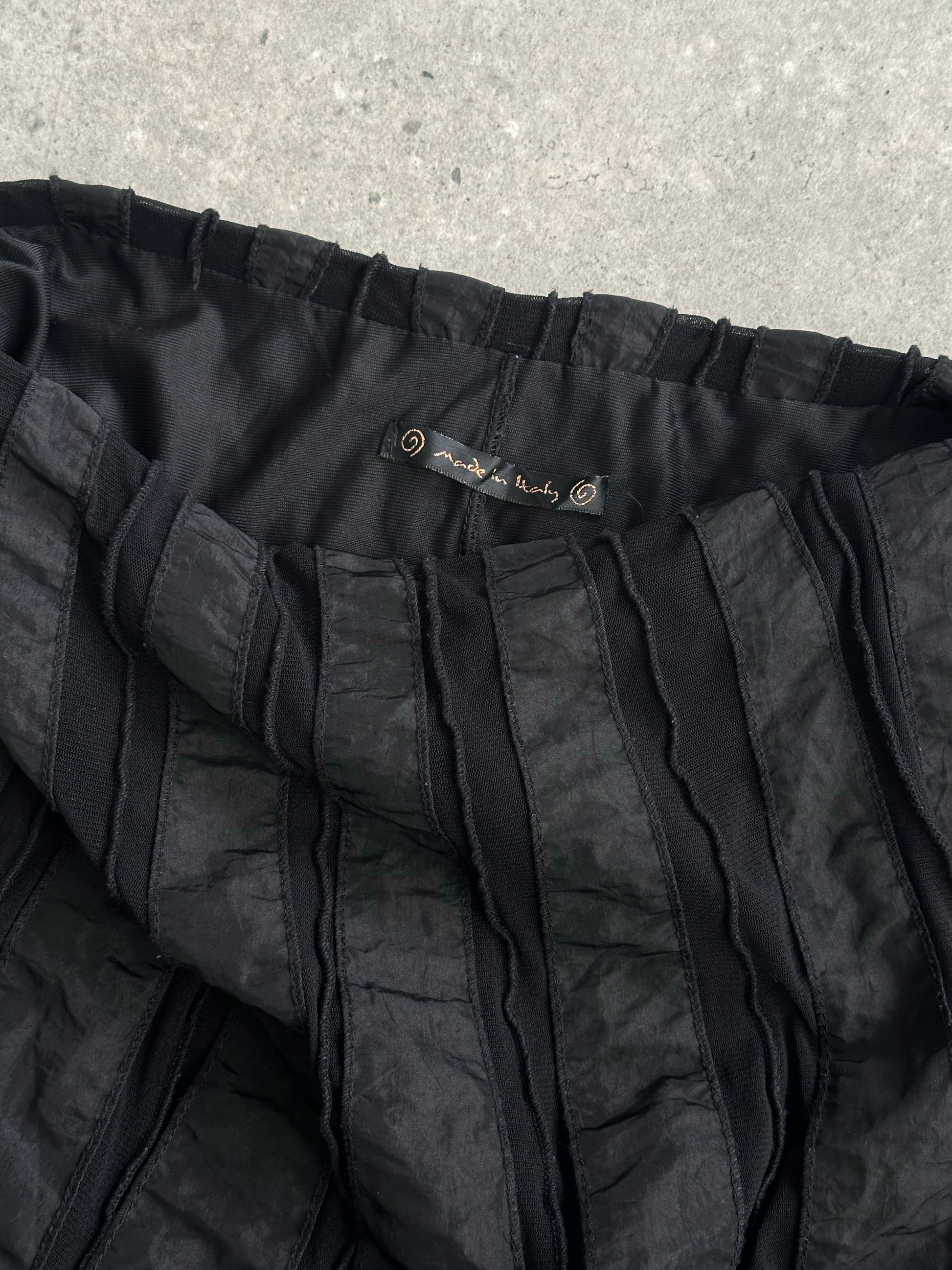 Italian vintage satin-paneled midi skirt, 1990s style, with adjustable W28-32 waist, elegant retro fashion by Vintage brand.