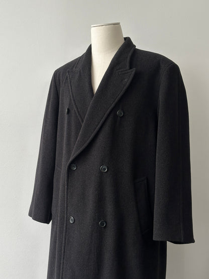 Vintage 1990s pure wool double-breasted coat in XL, showcasing classic design, tailored fit, and textured wool fabric.