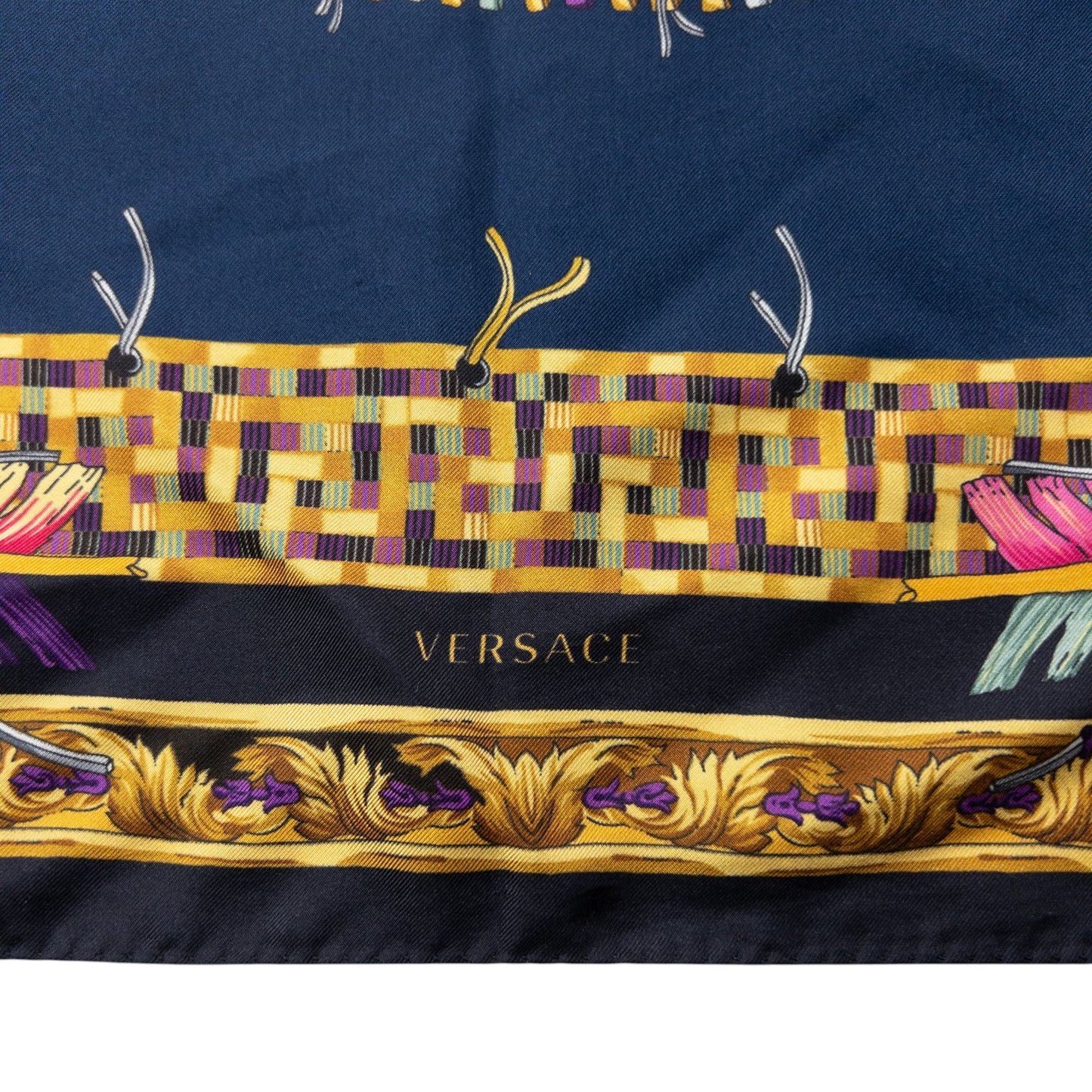 Versace Native American Print Silk Scarf | O/S, Navy Blue, Gold, Red, White, Yellow