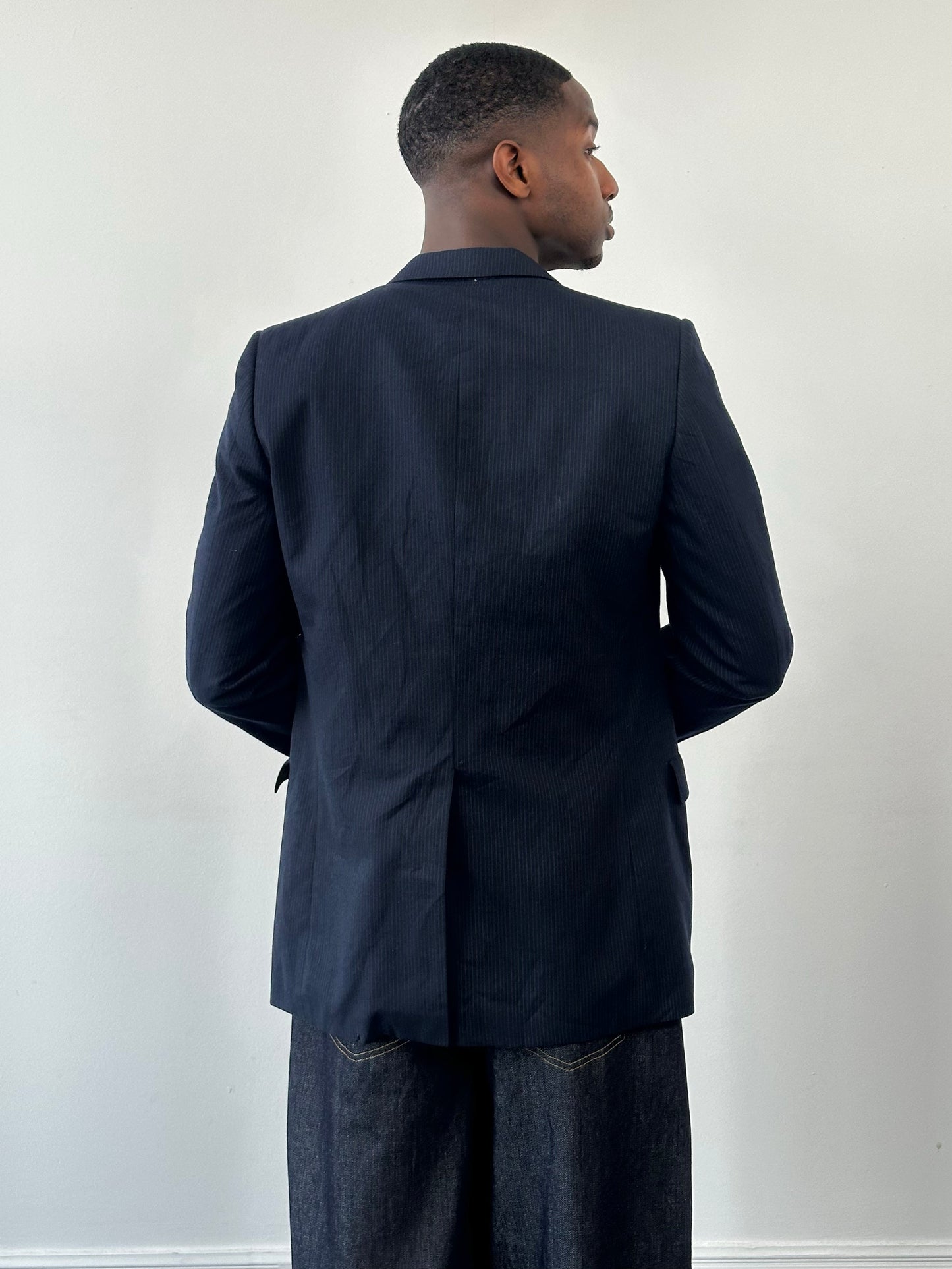 Christian Dior Monsieur 1980s wool striped blazer, 40R, featuring classic tailored fit and multicolor striped pattern.