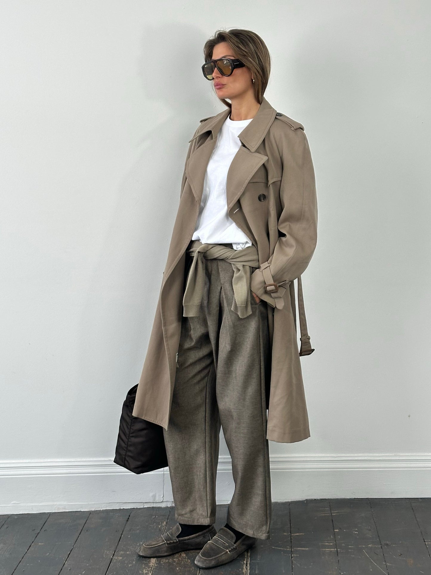 London Fog 1980s Wool Double Breasted Belted Trench Coat - L