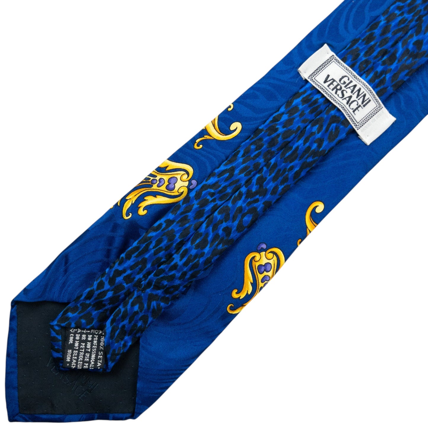 Vintage 90s Gianni Versace Baroque Leopard Print Silk Tie | O/S, Blue