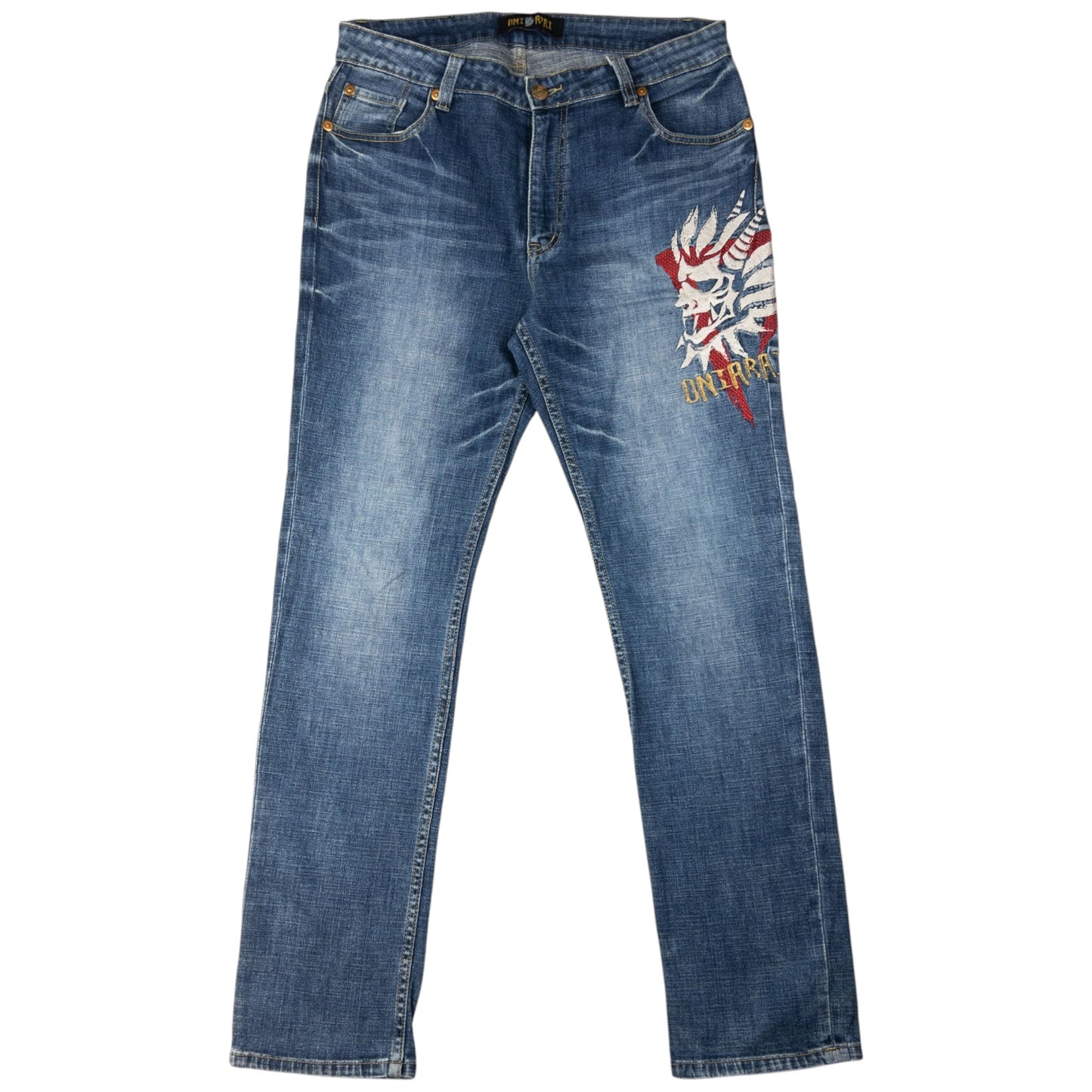 Vintage Oniarai Embroidered Devil Japanese Denim Jeans Size W36