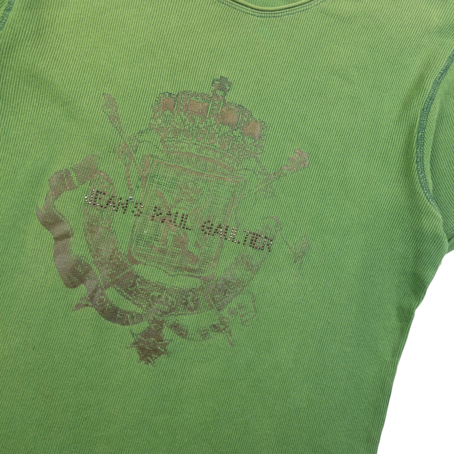 Vintage 2000s Jean Paul Gaultier Ribbed Diamanté T Shirt Womens Size S | Small, Gold