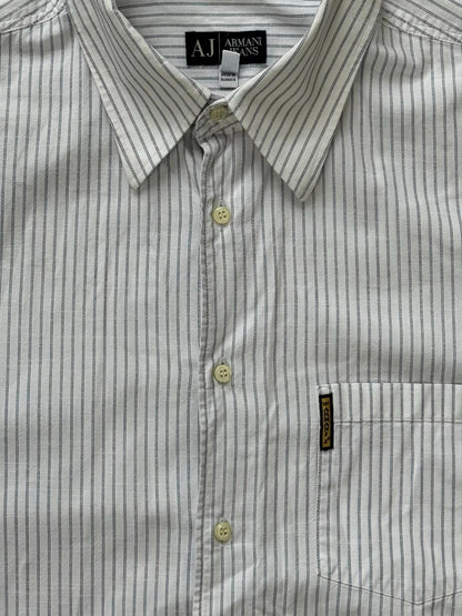 Armani Jeans 2000s pure cotton striped short sleeve shirt in white and navy, size M, with a classic collar and button front.