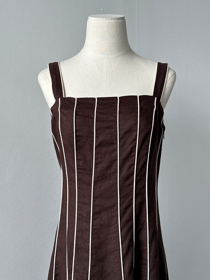 Vintage 1990s pure linen striped dress, size M, featuring a classic design with blue and white horizontal stripes.