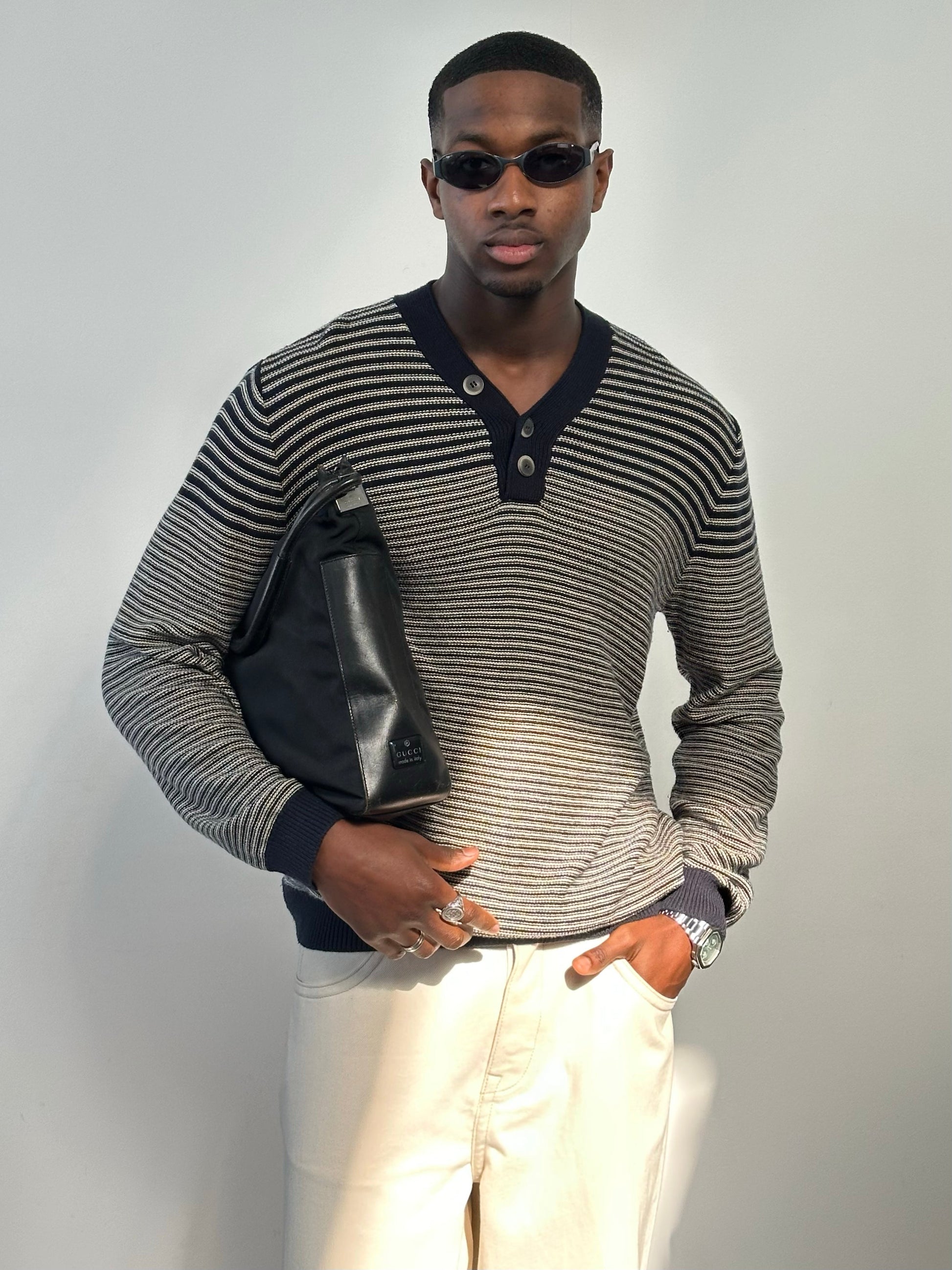 Hugo Boss 2000s pure cotton striped Henley jumper in XL, featuring a classic crew neck and bold stripe pattern.