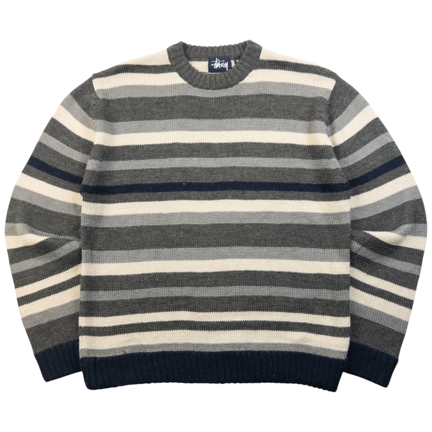 Vintage 2000s Stussy Striped Wool Knit Jumper Size M | Medium, Grey