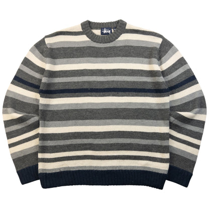 Vintage 2000s Stussy Striped Wool Knit Jumper Size M | Medium, Grey