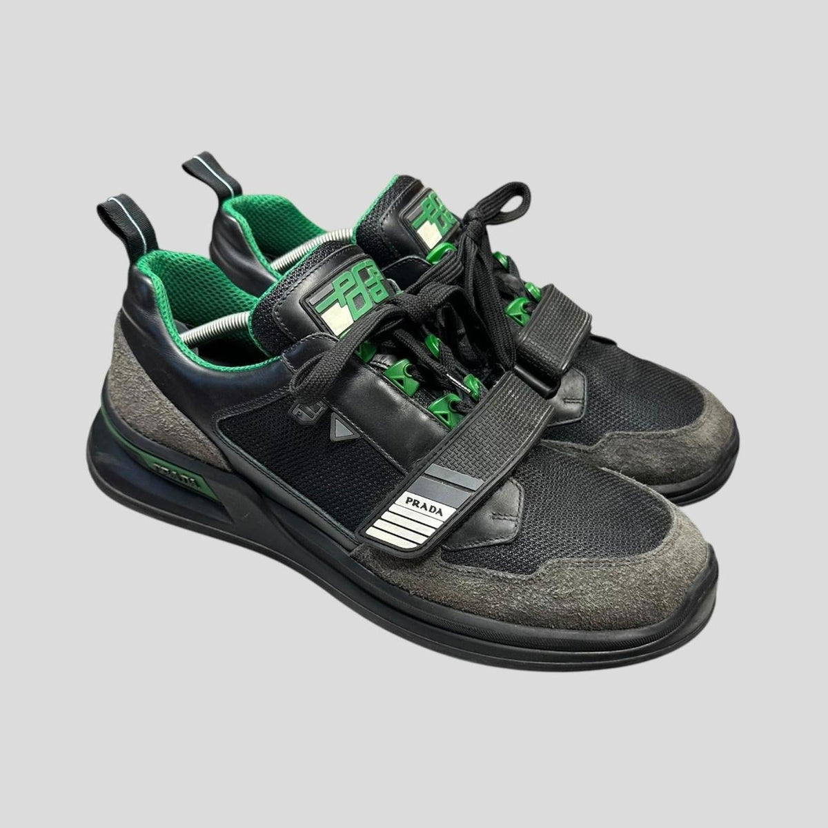 Prada 2018 Mechano Mercurio Verde Rubber + Leather Logo Trainers - UK11/11.5 | 11, Grey