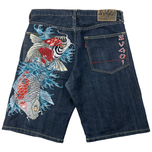 Vintage 2000s Sugoi Embroidered Koi Fish Japanese Denim Shorts Size W32 | W32, Navy